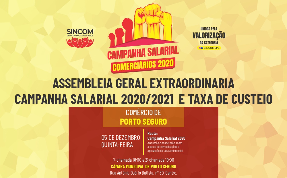PORTO E CABRÁLIA: ASSEMBLEIA GERAL EXTRAORDINÁRIA CAMPANHA SALARIAL 2020/2021  E TAXA DE CUSTEIO
